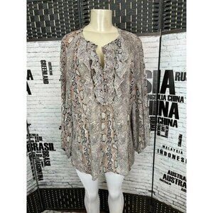 Annalee + Hope L Sheer Beige Animal Print Ruffle Keyhole V-Neck Long Sleeve Top